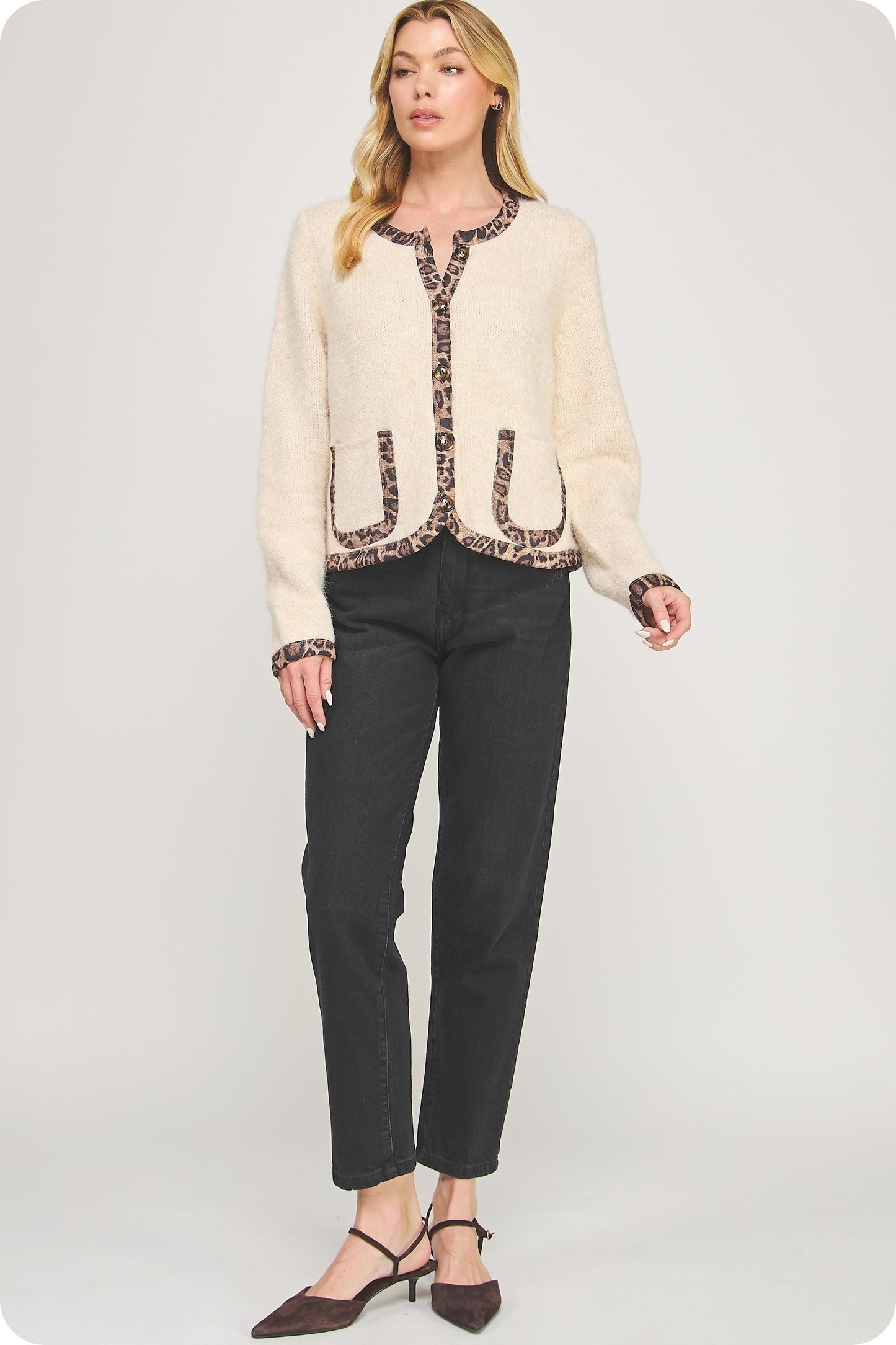  Leeda Leopard Trim Knit Jacket, Light Taupe/Black