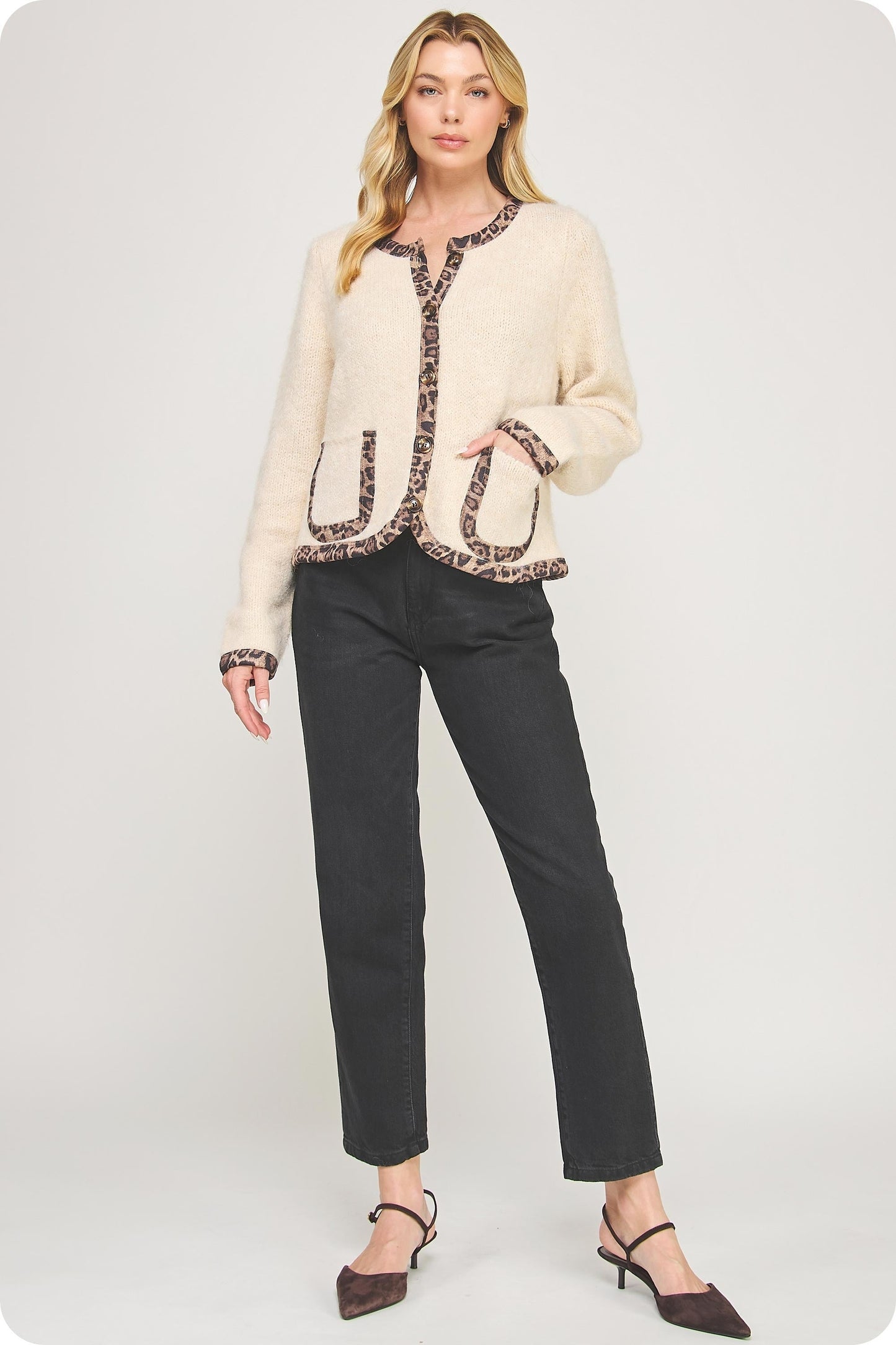  Leeda Leopard Trim Knit Jacket, Light Taupe/Black