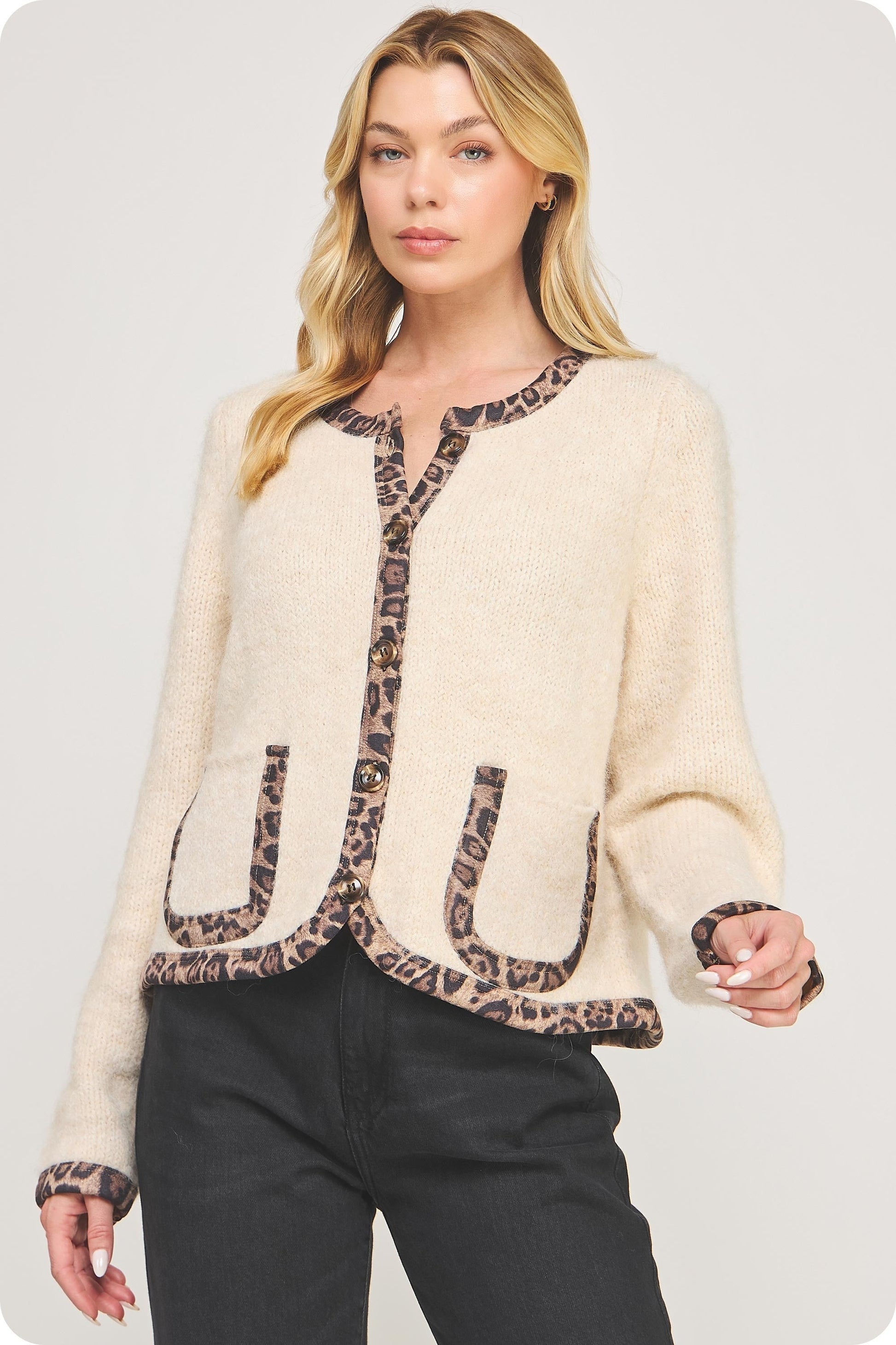  Leeda Leopard Trim Knit Jacket, Light Taupe/Black