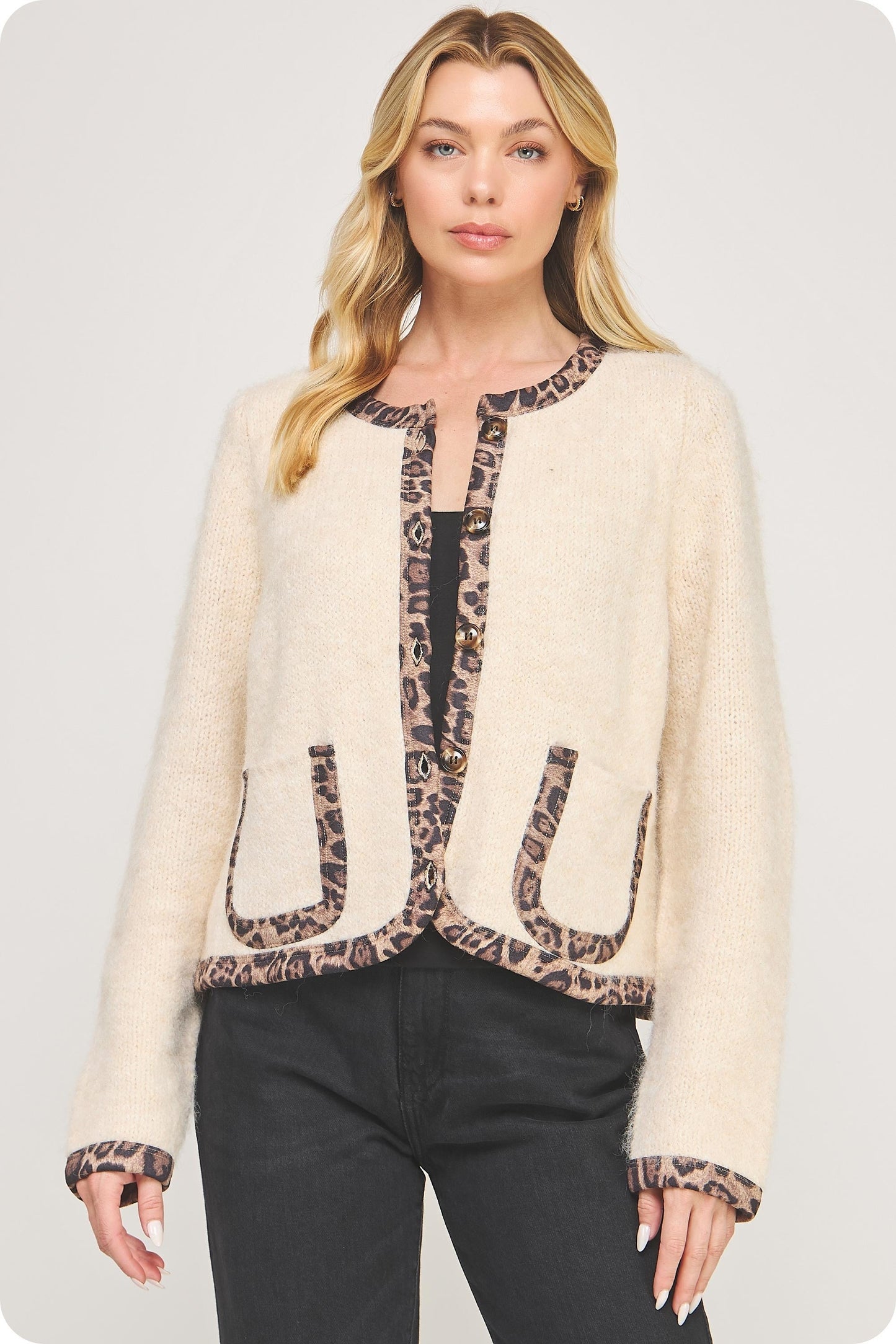  Leeda Leopard Trim Knit Jacket, Light Taupe/Black