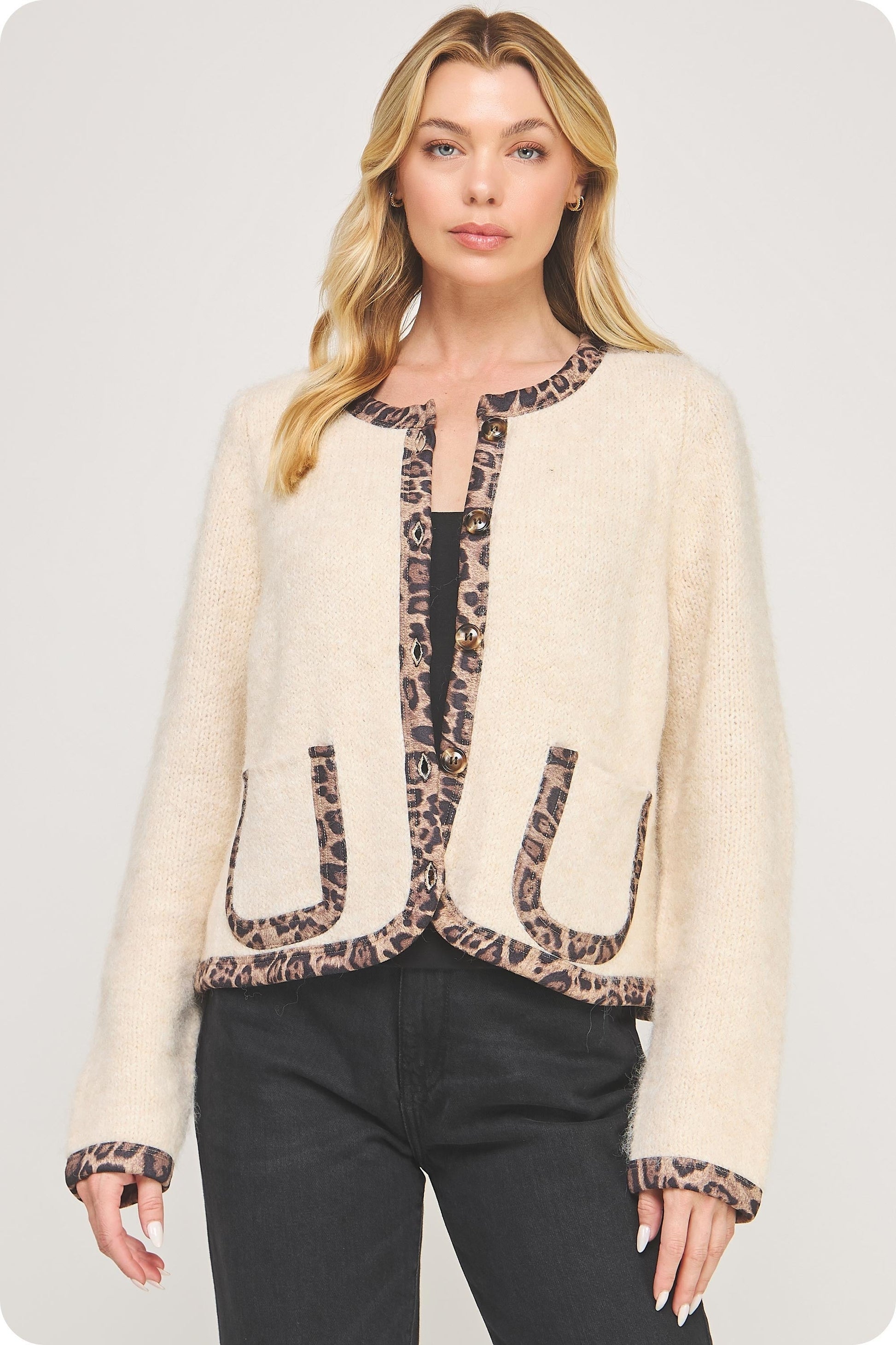 Leeda Leopard Trim Knit Jacket, Light Taupe/Black
