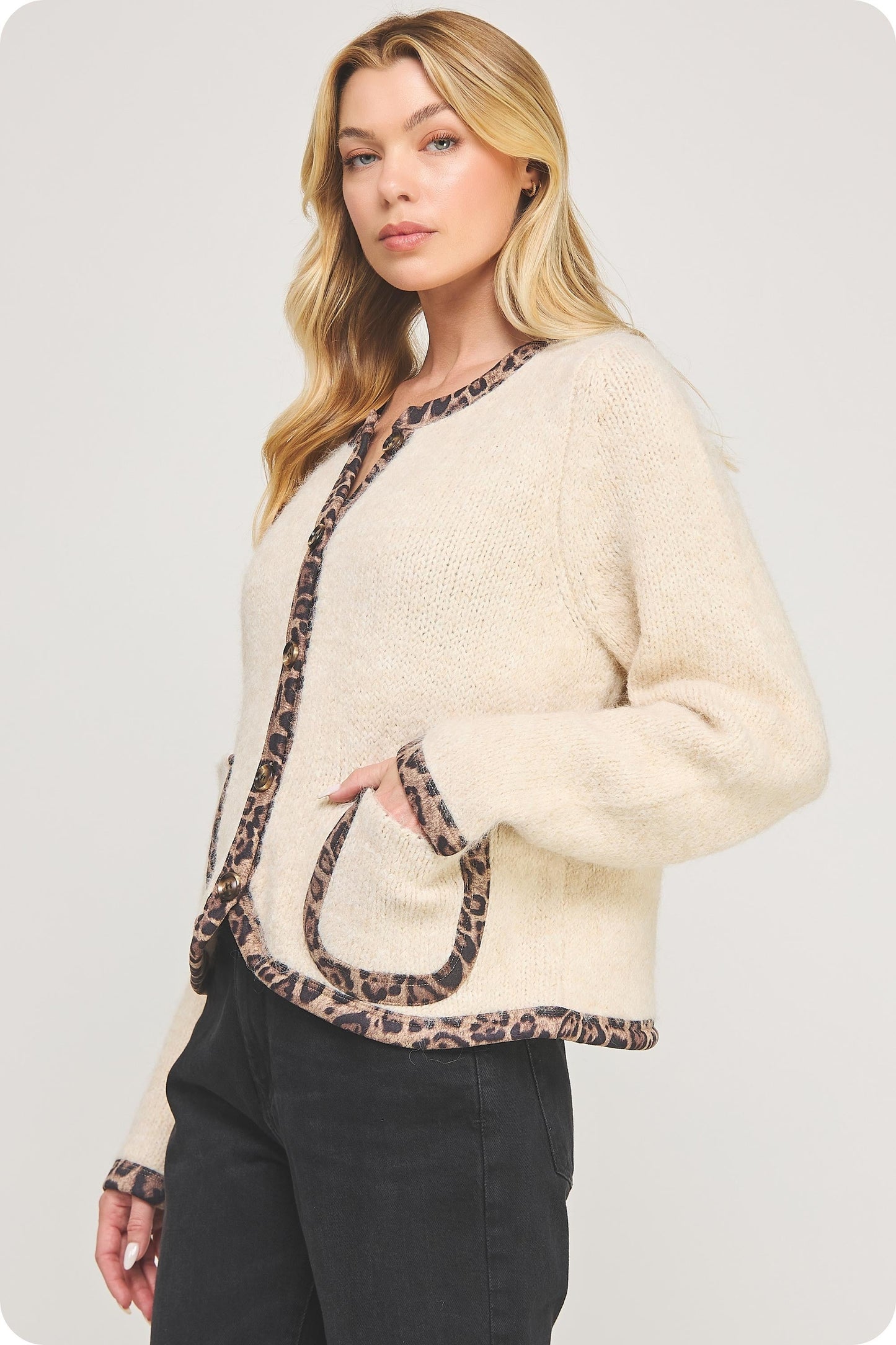  Leeda Leopard Trim Knit Jacket, Light Taupe/Black