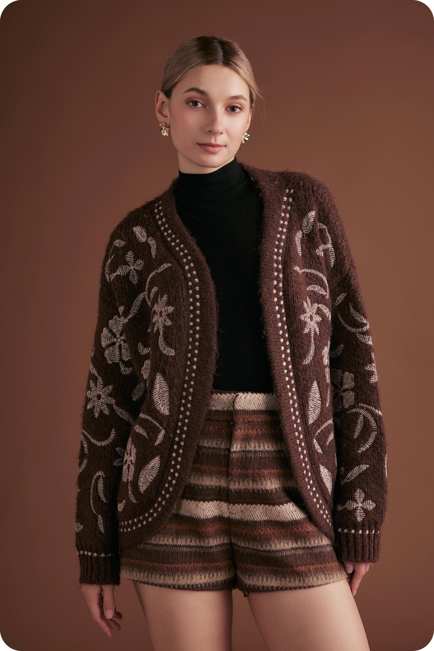 Evie Embroidered Knit Cardigan, Chocolate Brown