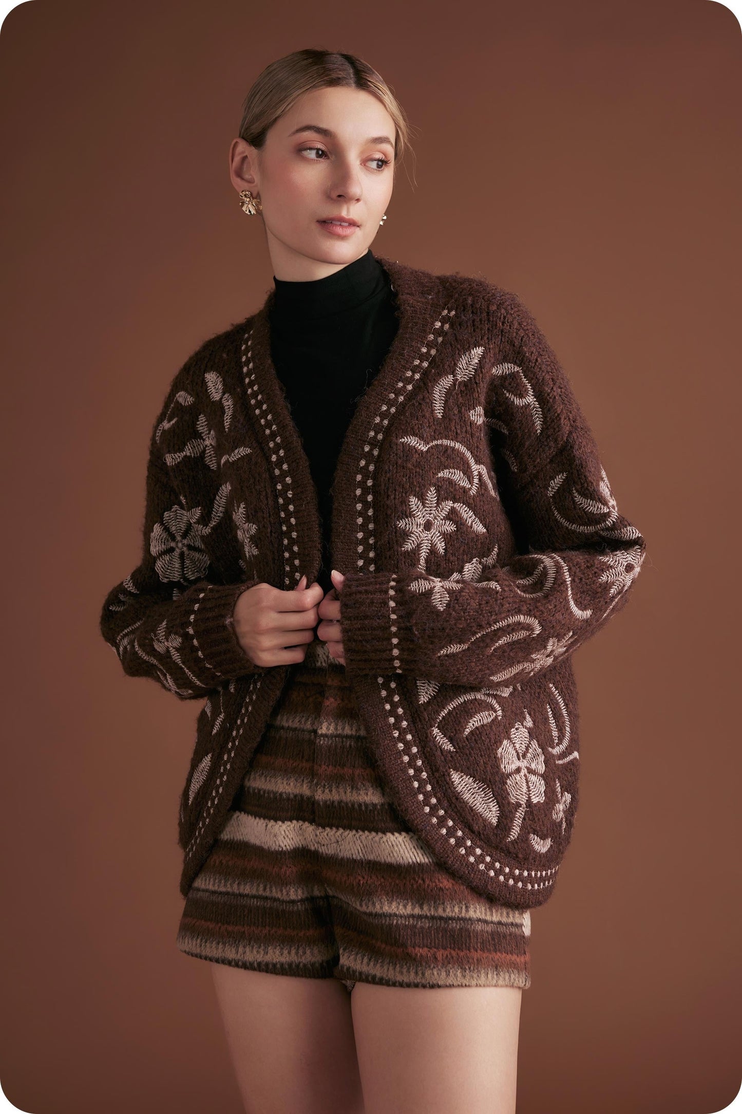  Evie Embroidered Knit Cardigan, Chocolate Brown