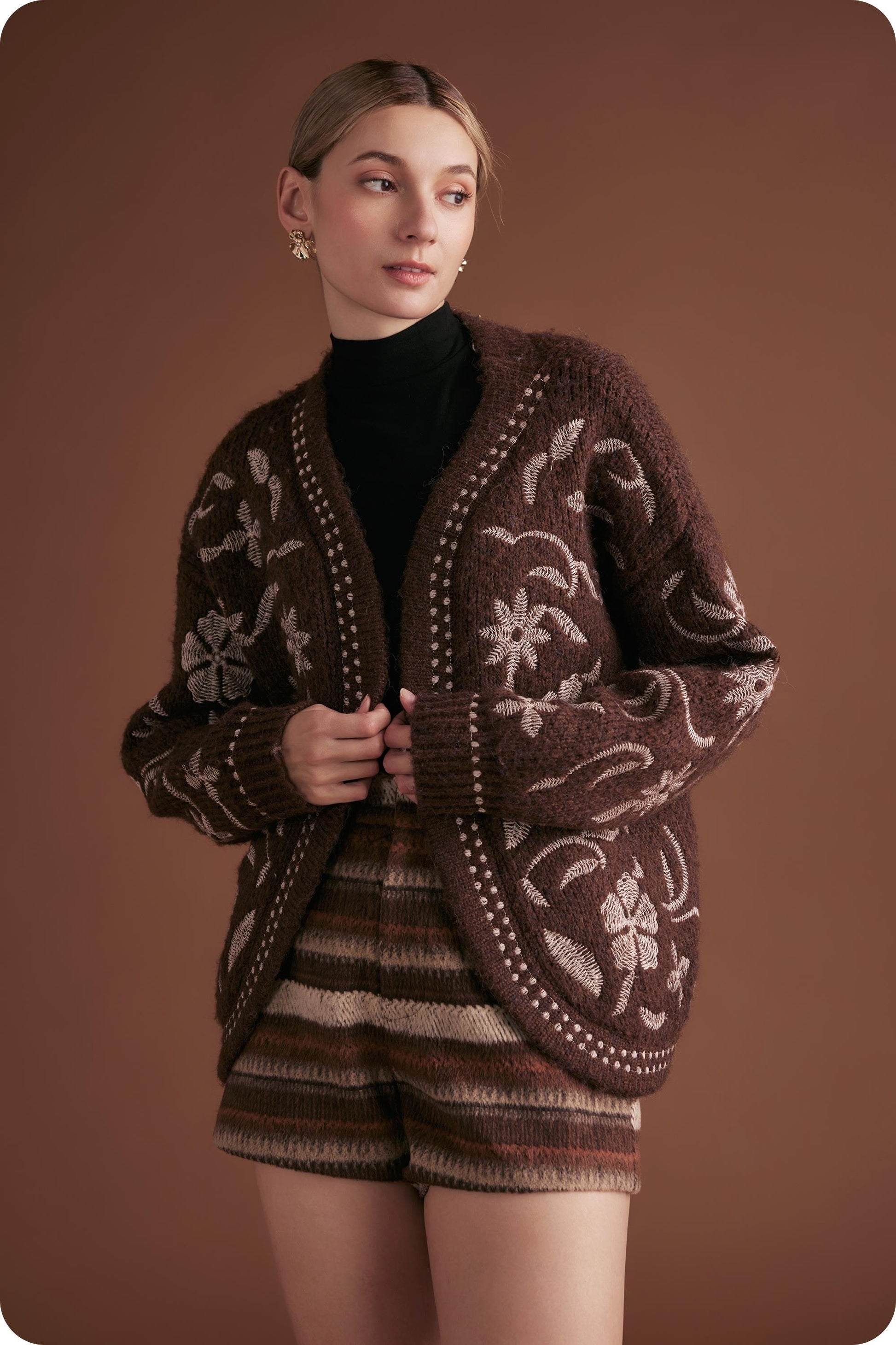  Evie Embroidered Knit Cardigan, Chocolate Brown