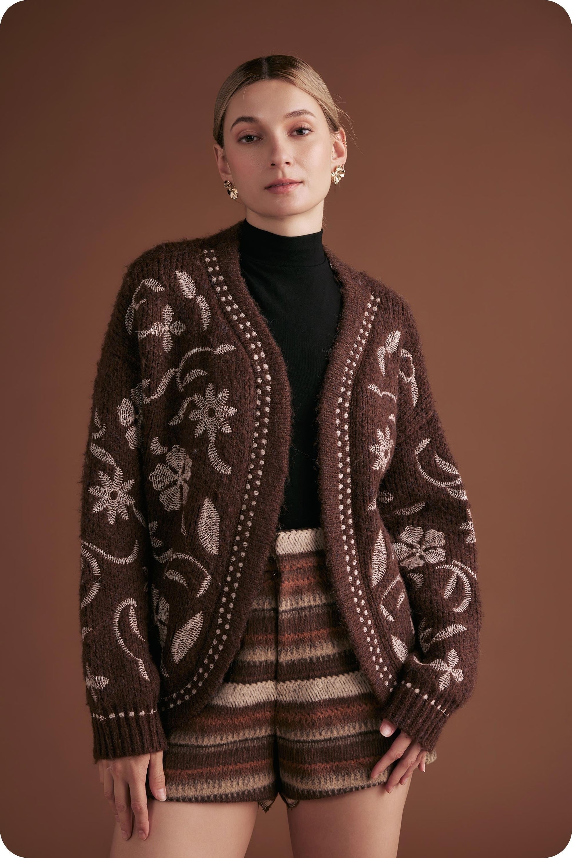  Evie Embroidered Knit Cardigan, Chocolate Brown