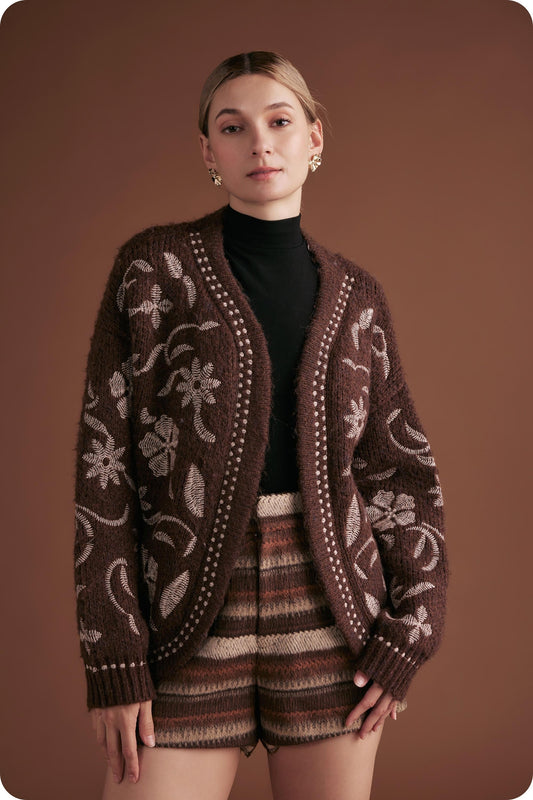  Evie Embroidered Knit Cardigan, Chocolate Brown
