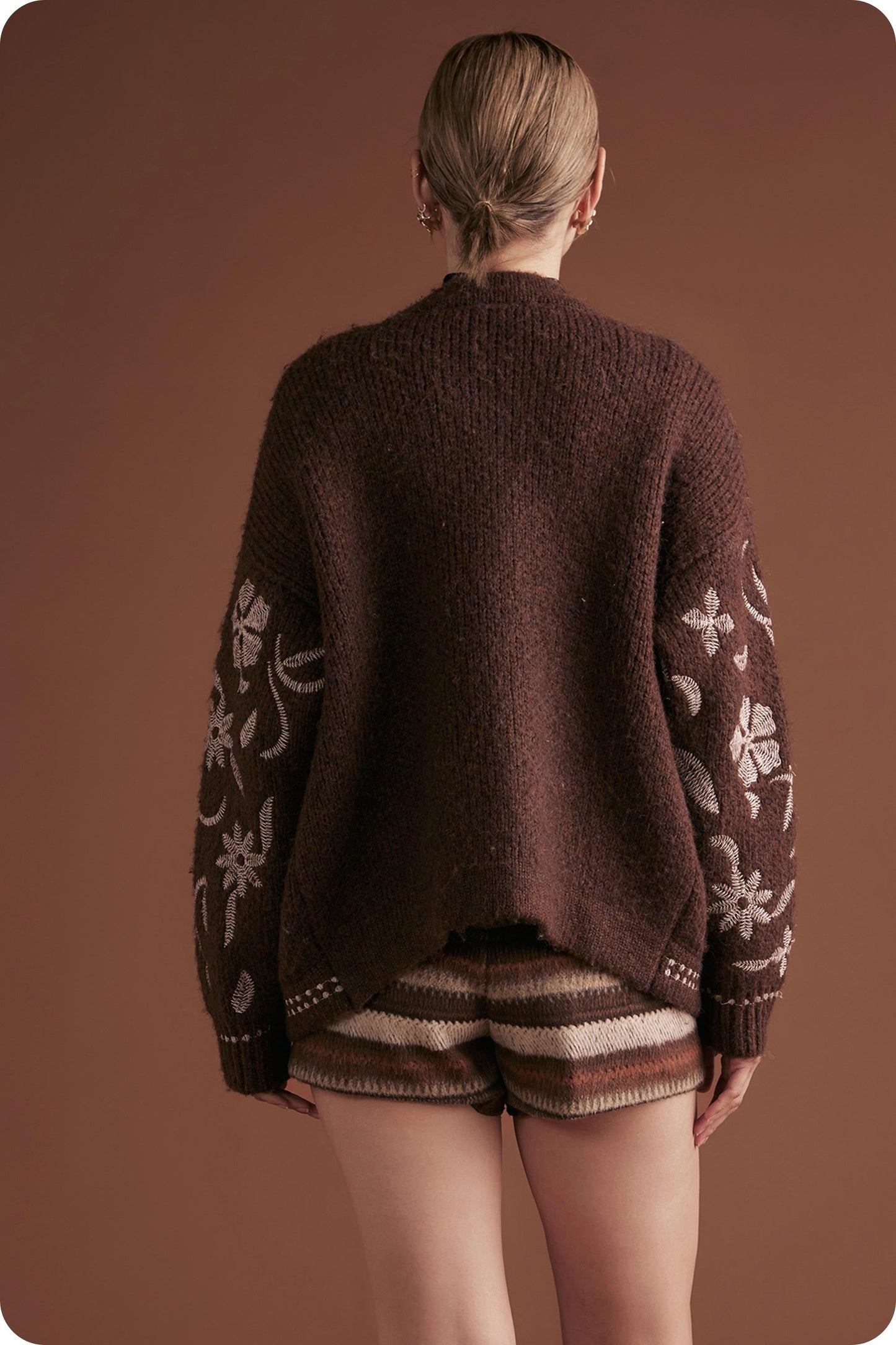  Evie Embroidered Knit Cardigan, Chocolate Brown