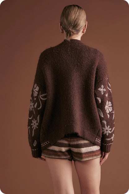  Evie Embroidered Knit Cardigan, Chocolate Brown