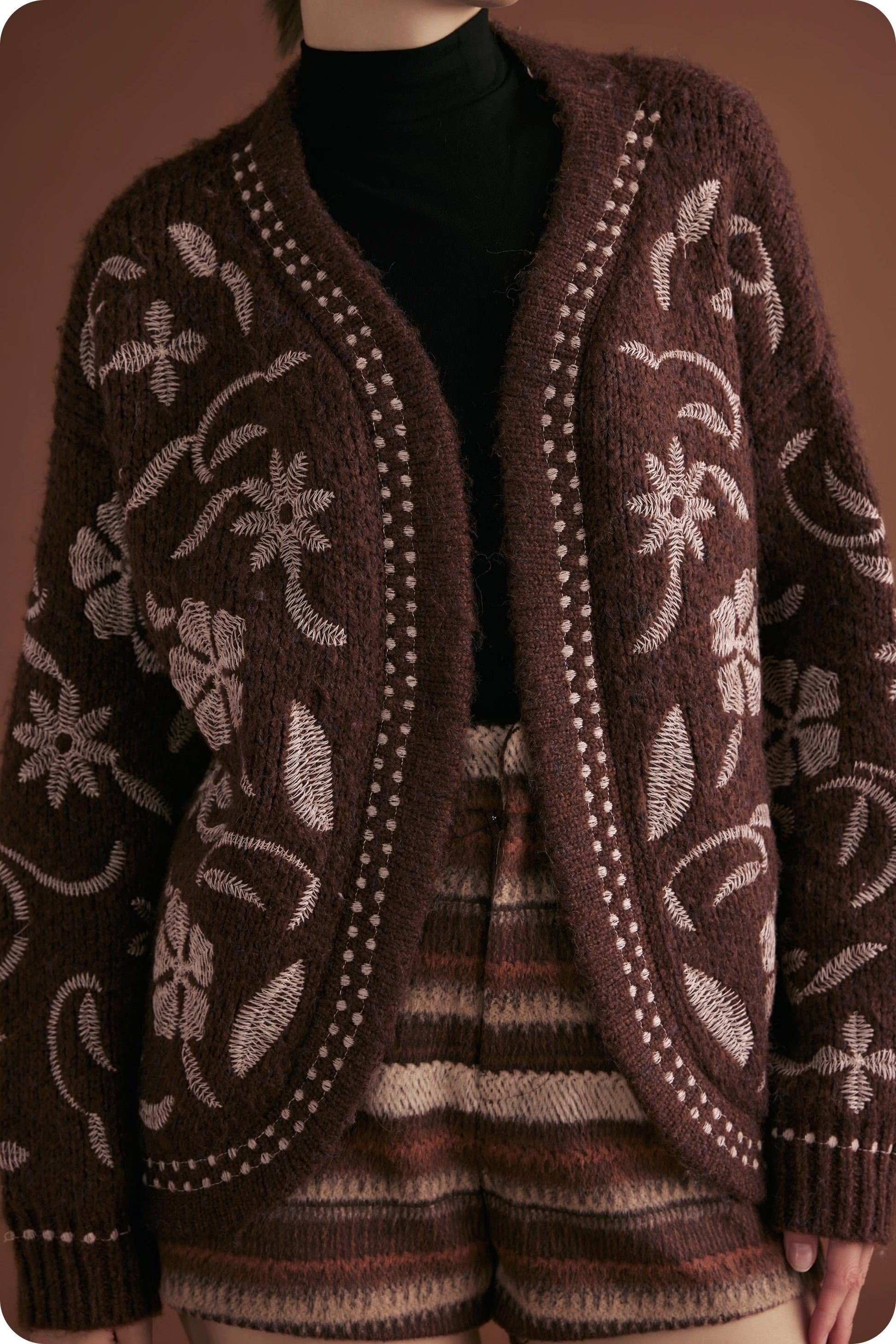  Evie Embroidered Knit Cardigan, Chocolate Brown
