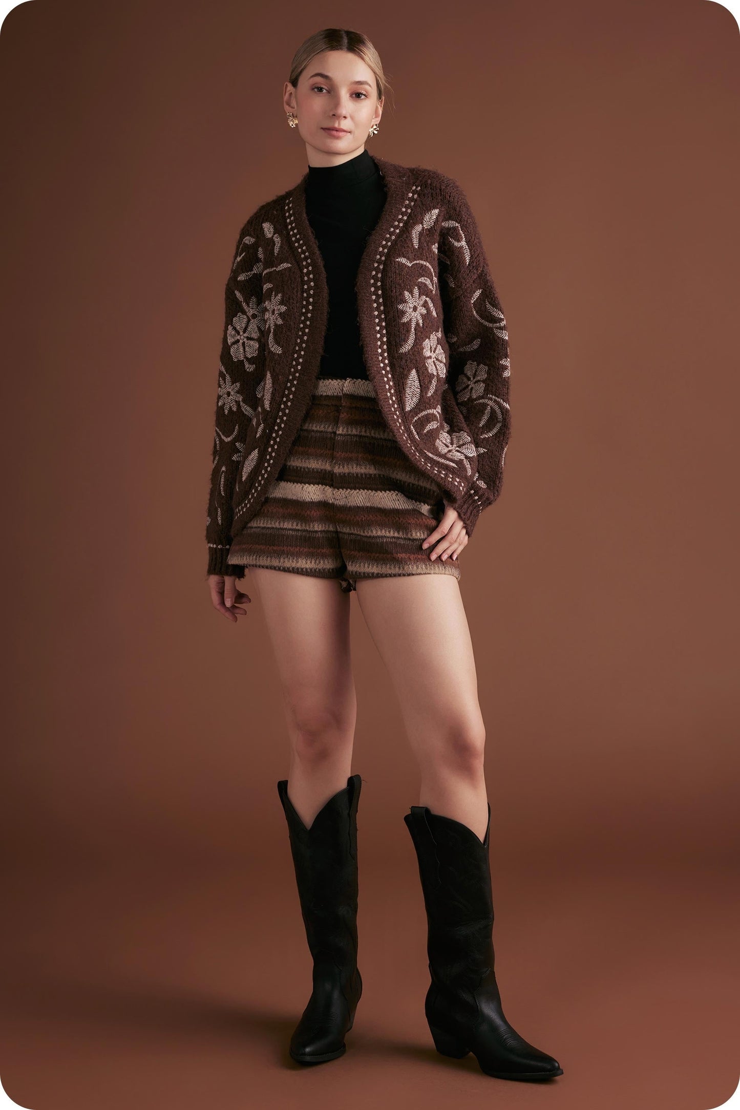  Evie Embroidered Knit Cardigan, Chocolate Brown