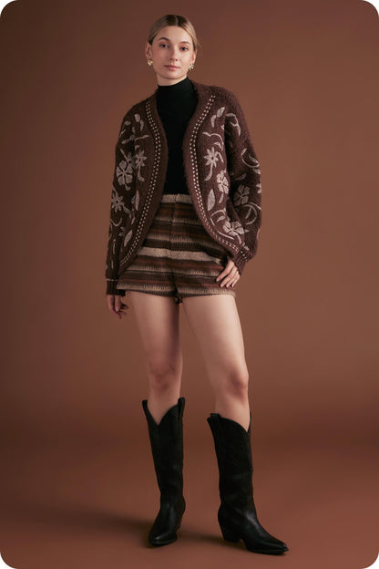  Evie Embroidered Knit Cardigan, Chocolate Brown