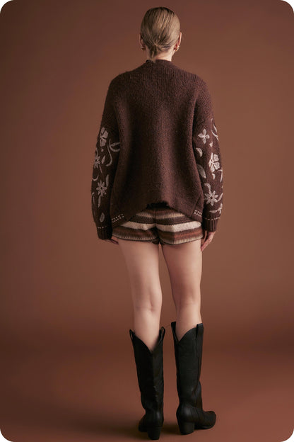  Evie Embroidered Knit Cardigan, Chocolate Brown