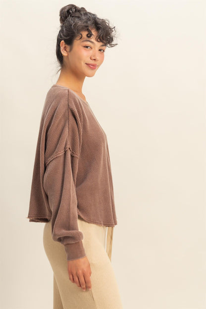  Marlowe Boat Neck Raw Edge Top, Chestnut