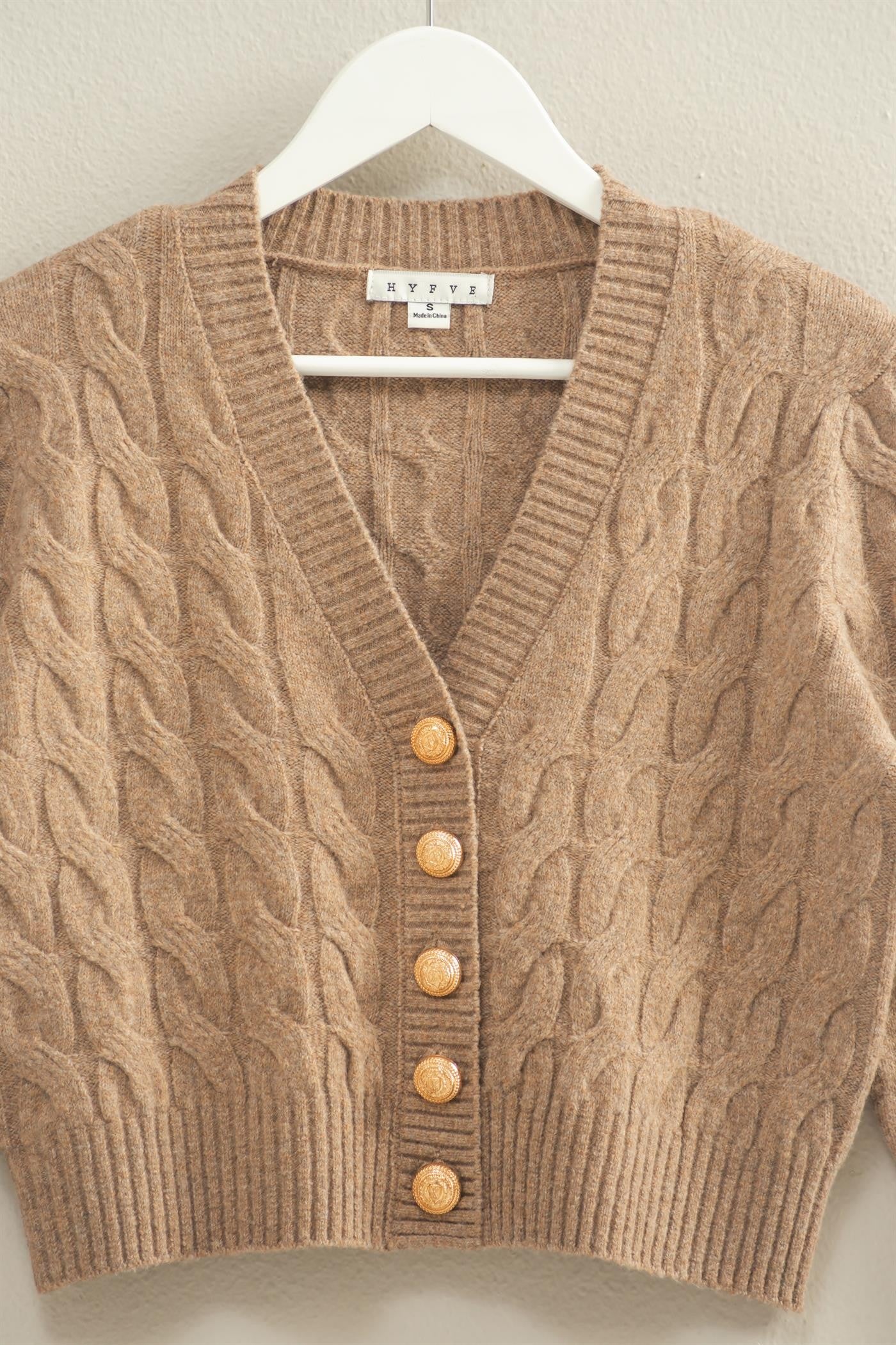  Ellie Gold Button Cable Knit Cardigan, Taupe