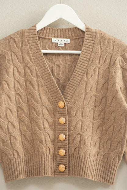  Ellie Gold Button Cable Knit Cardigan, Taupe