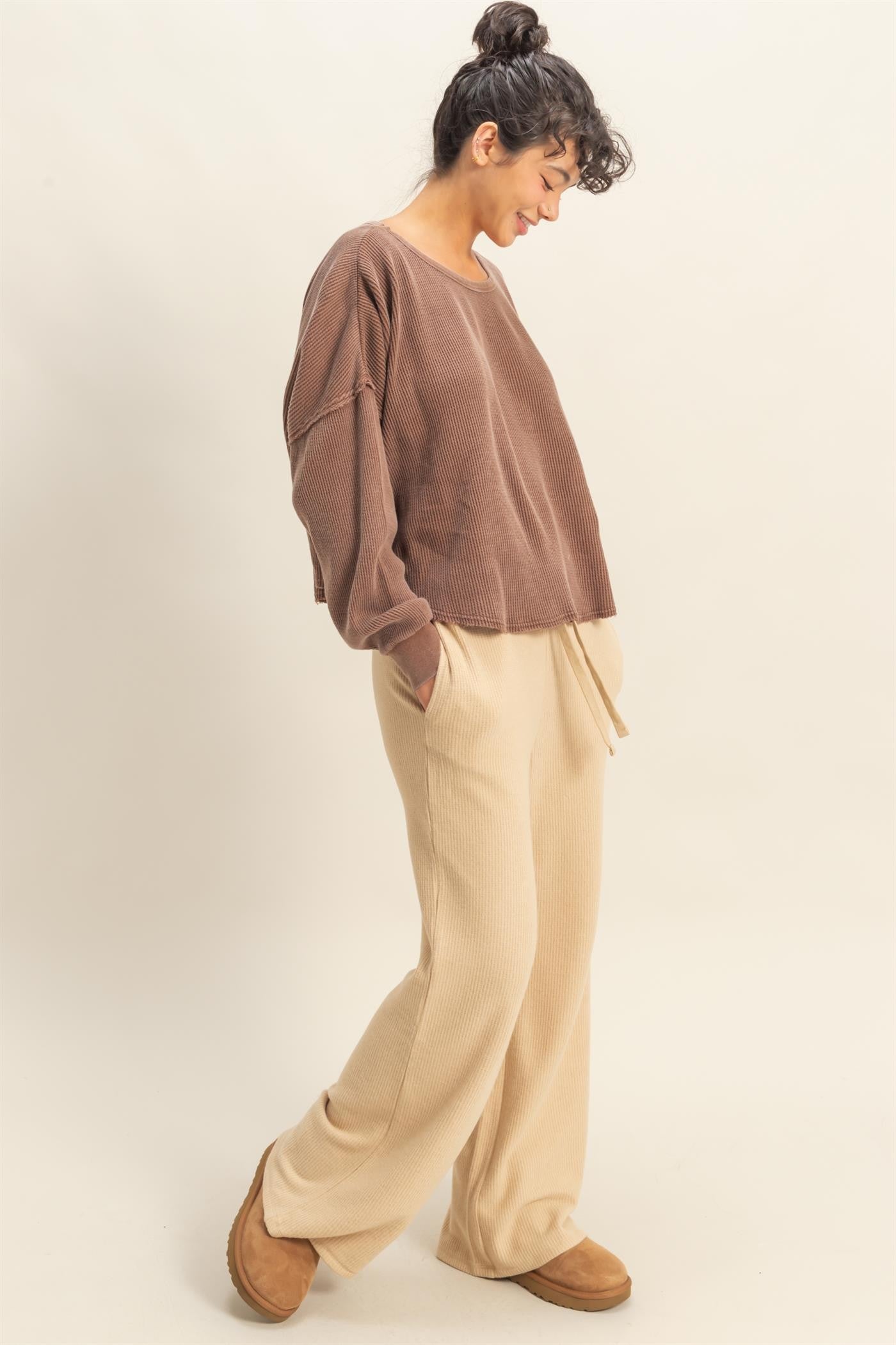  Marlowe Boat Neck Raw Edge Top, Chestnut