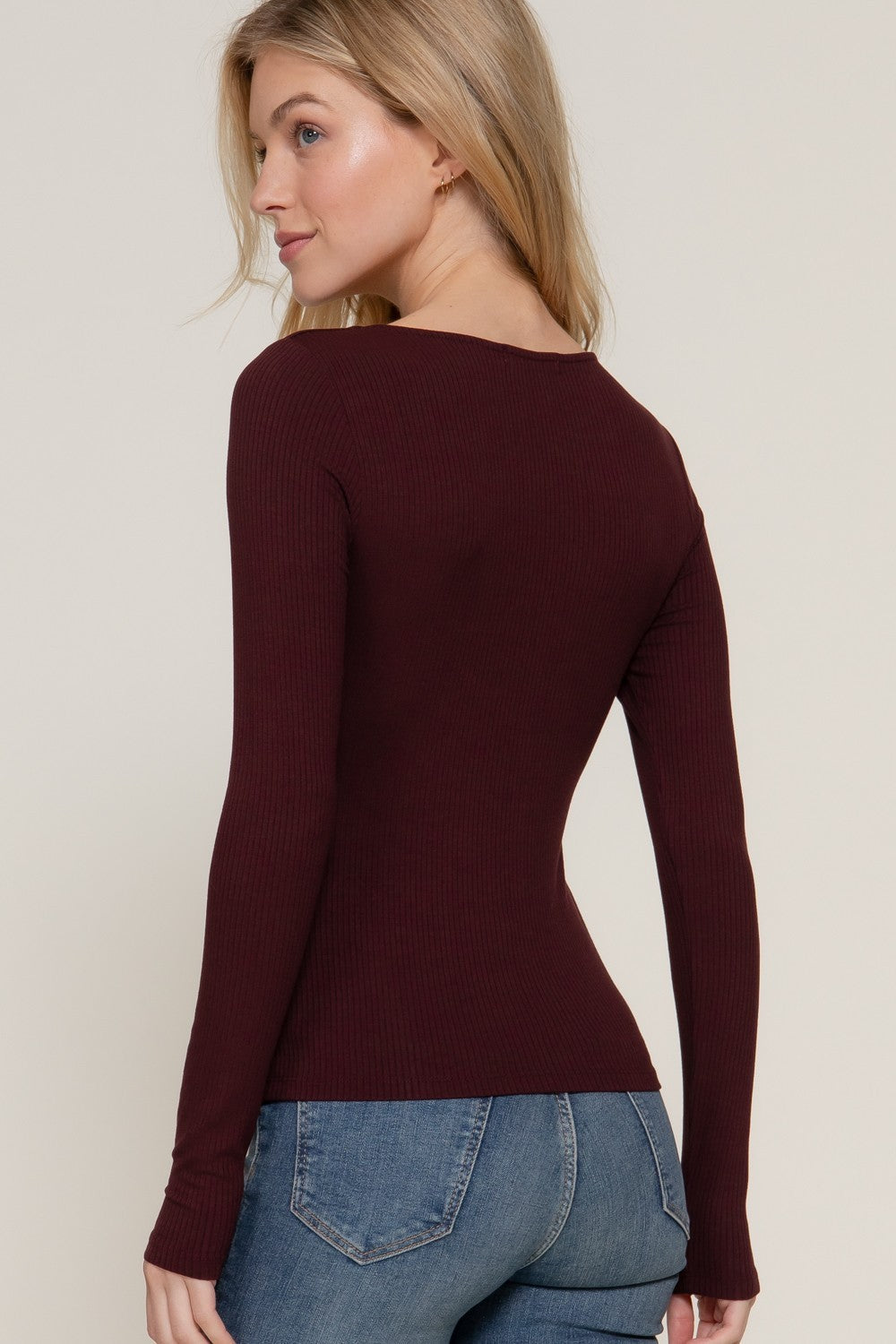  Elowyn Double Layer Rib Knit Tee, Maroon
