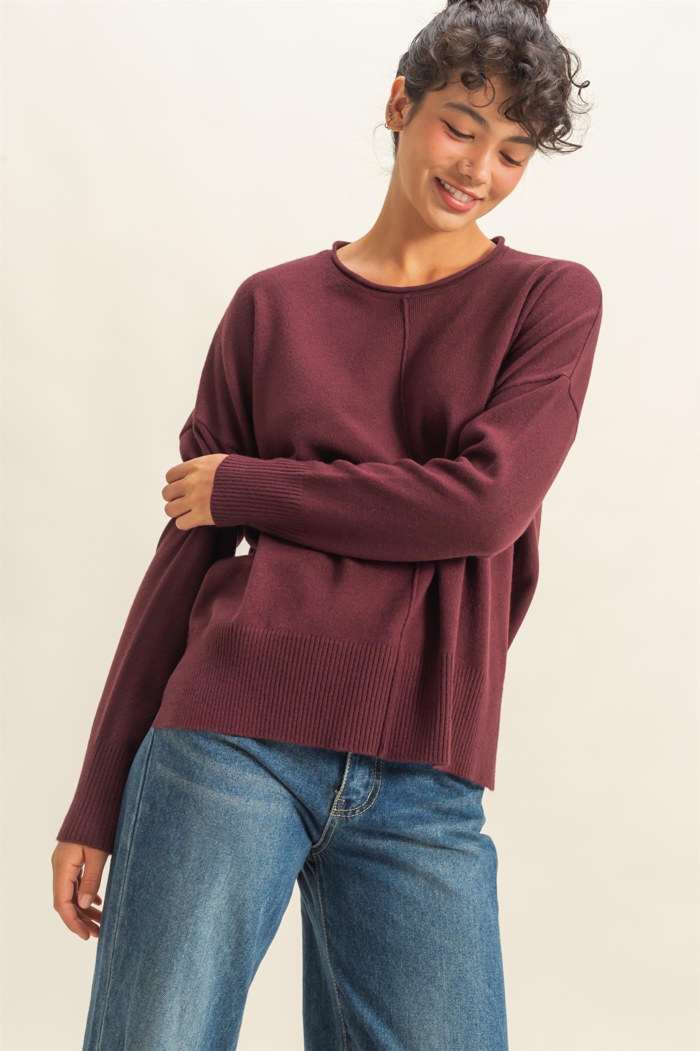  Kenzie Roll Neck Seam Front Sweater, Dark Cherry