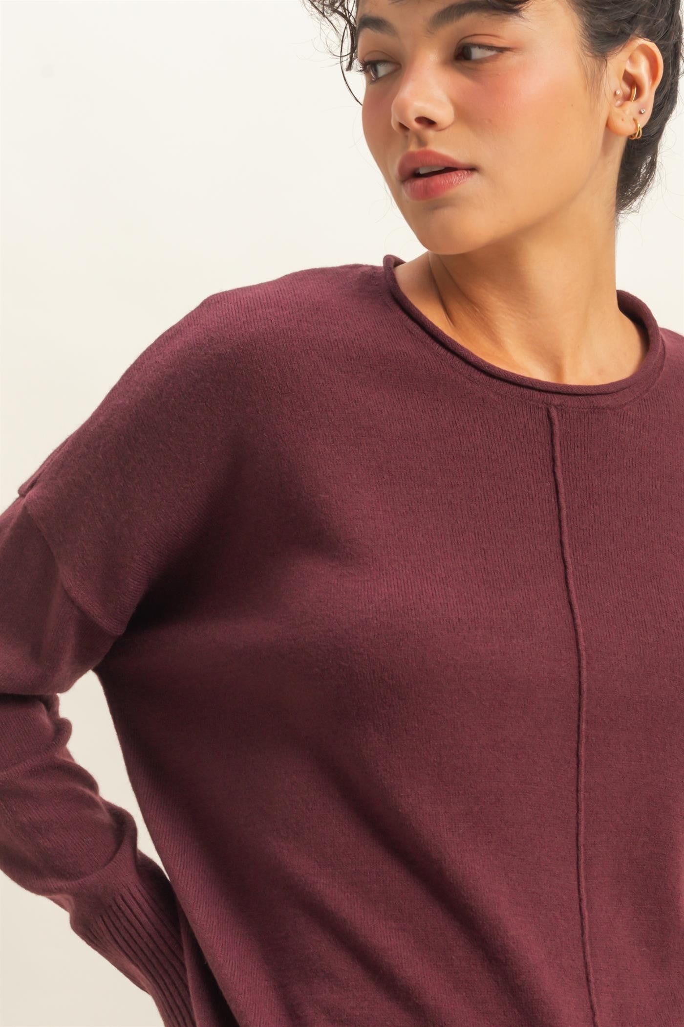  Kenzie Roll Neck Seam Front Sweater, Dark Cherry