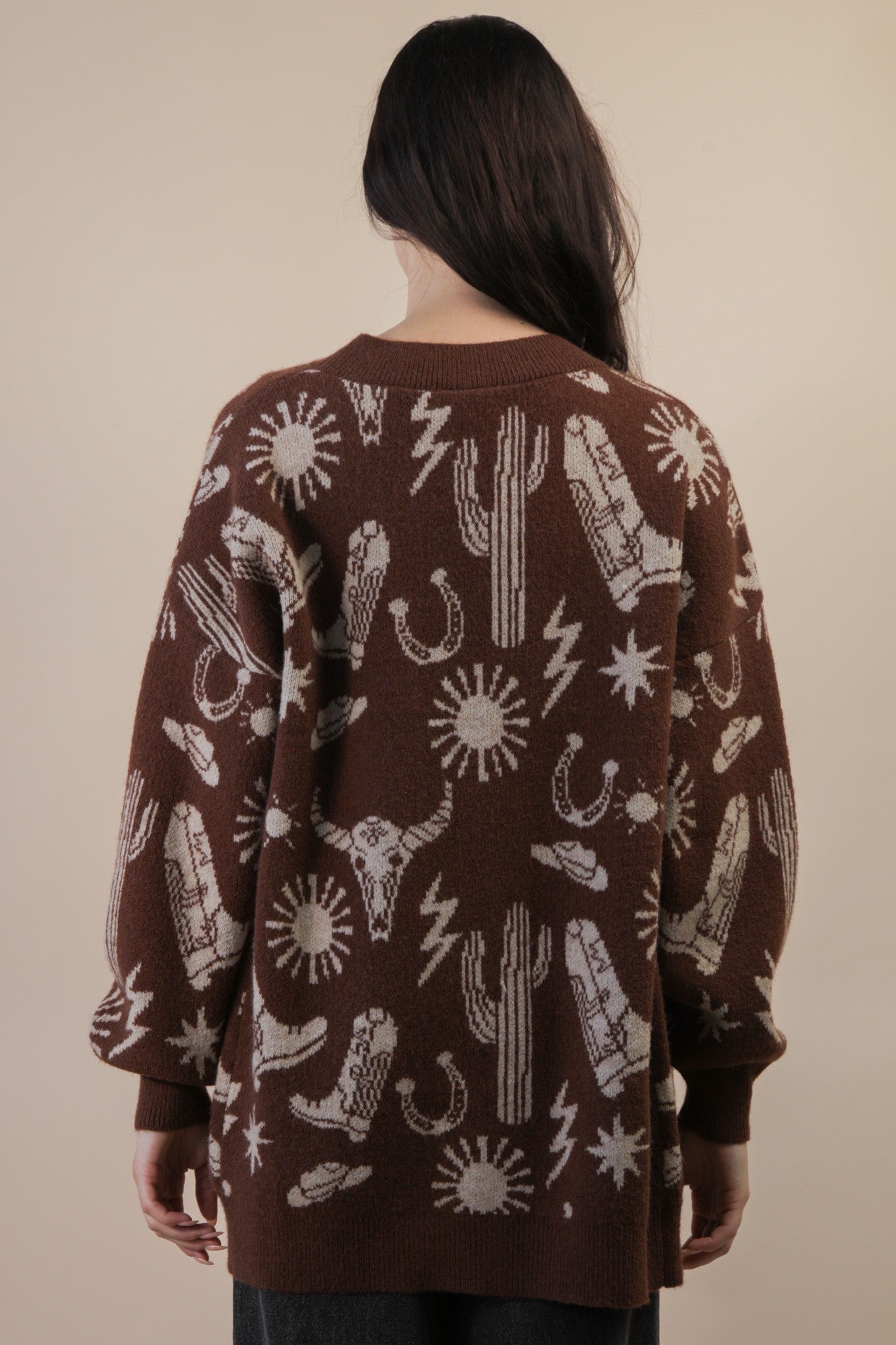  Alina Oversized Western Print Cardigan, Chocolate