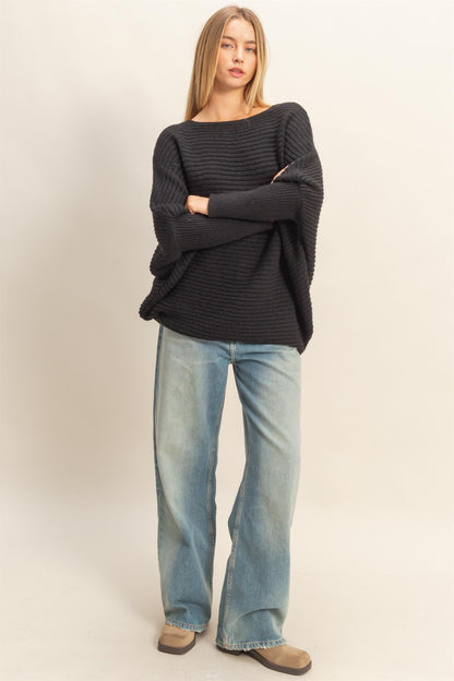  Lily Batwing Boat Neck Sweater, Black