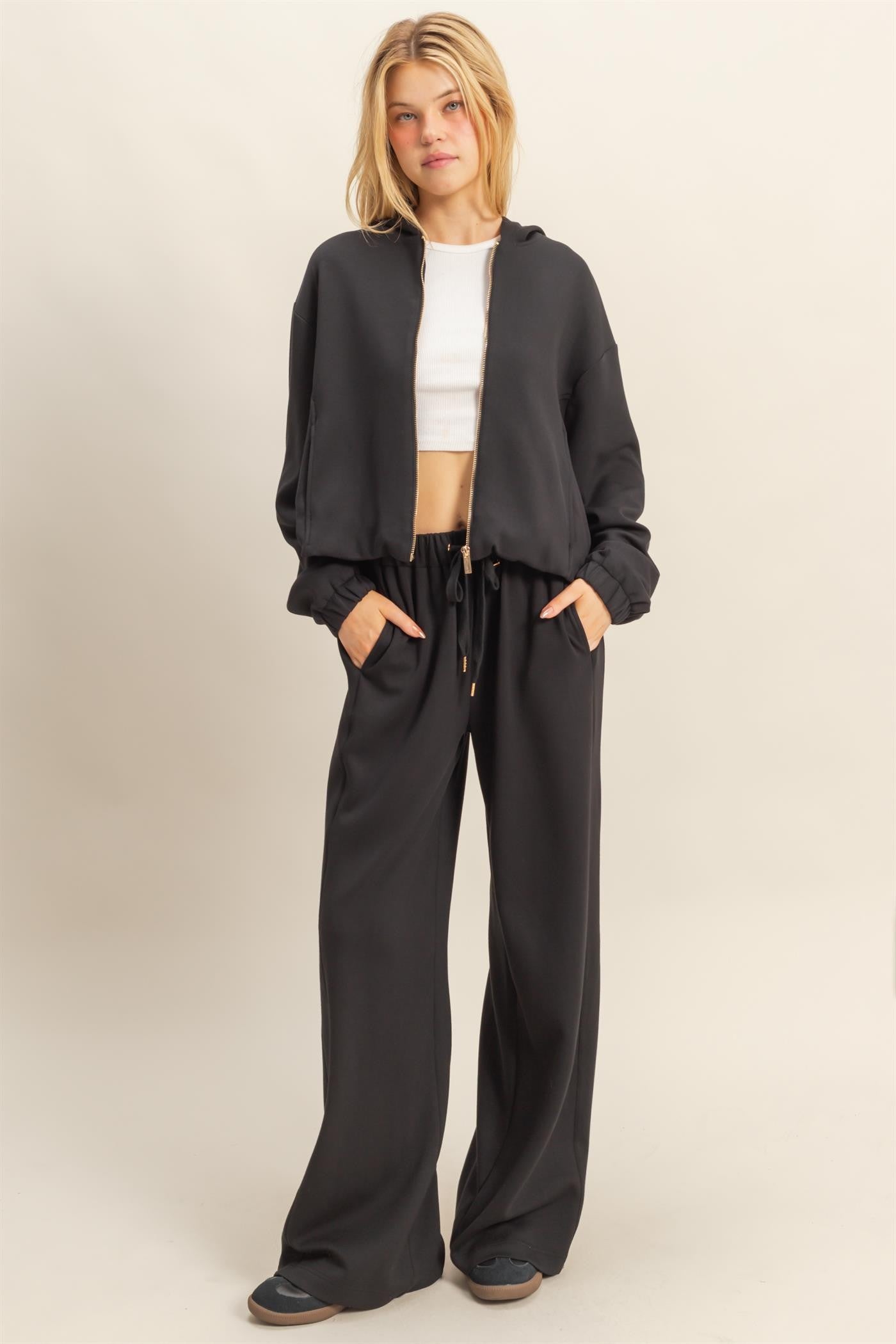  Nora Drawstring Hem Hoodie, Black