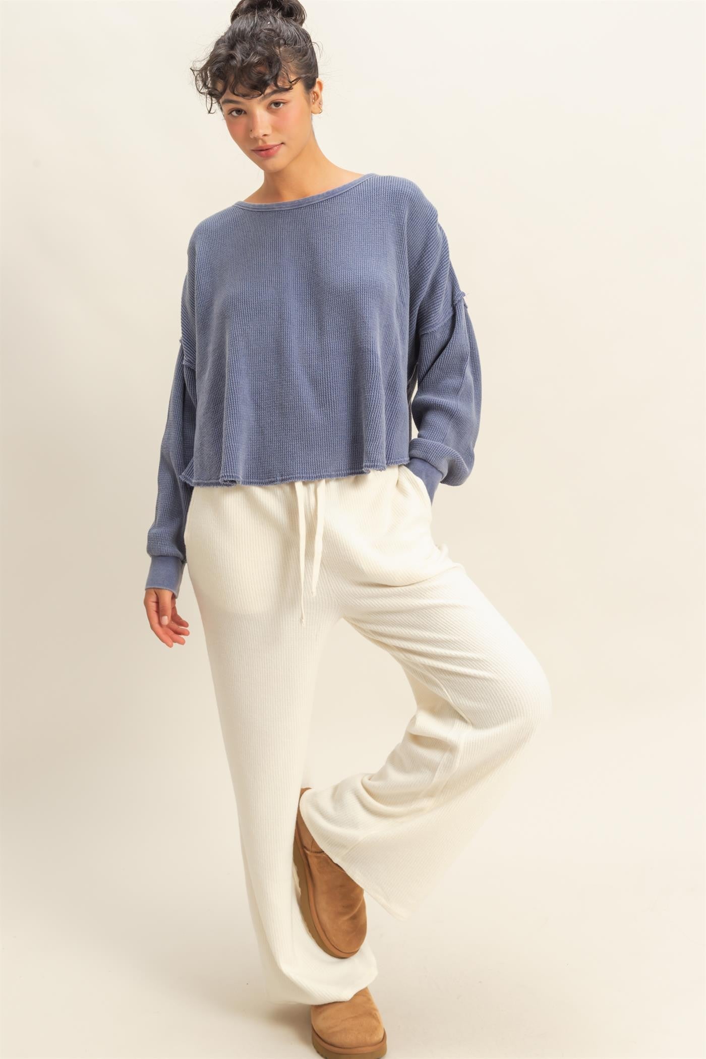  Marlowe Boat Neck Raw Edge Top, Dusty Indigo