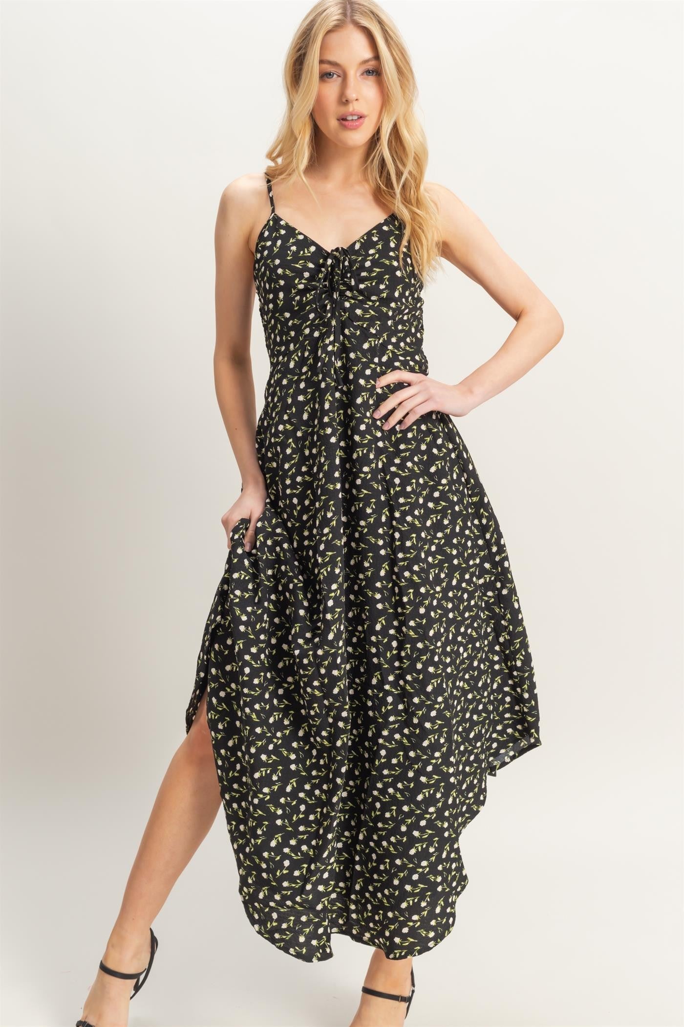  Halle Ditsy Floral Sleeveless Midi Dress, Black