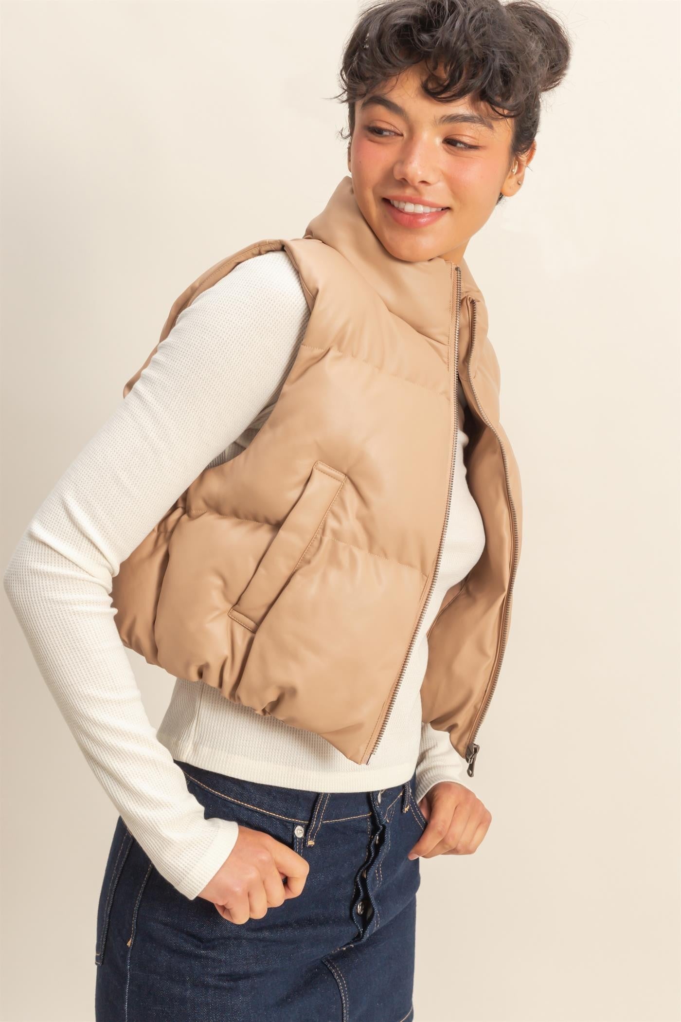  Sofia Cropped Puff Vest, Dark Taupe