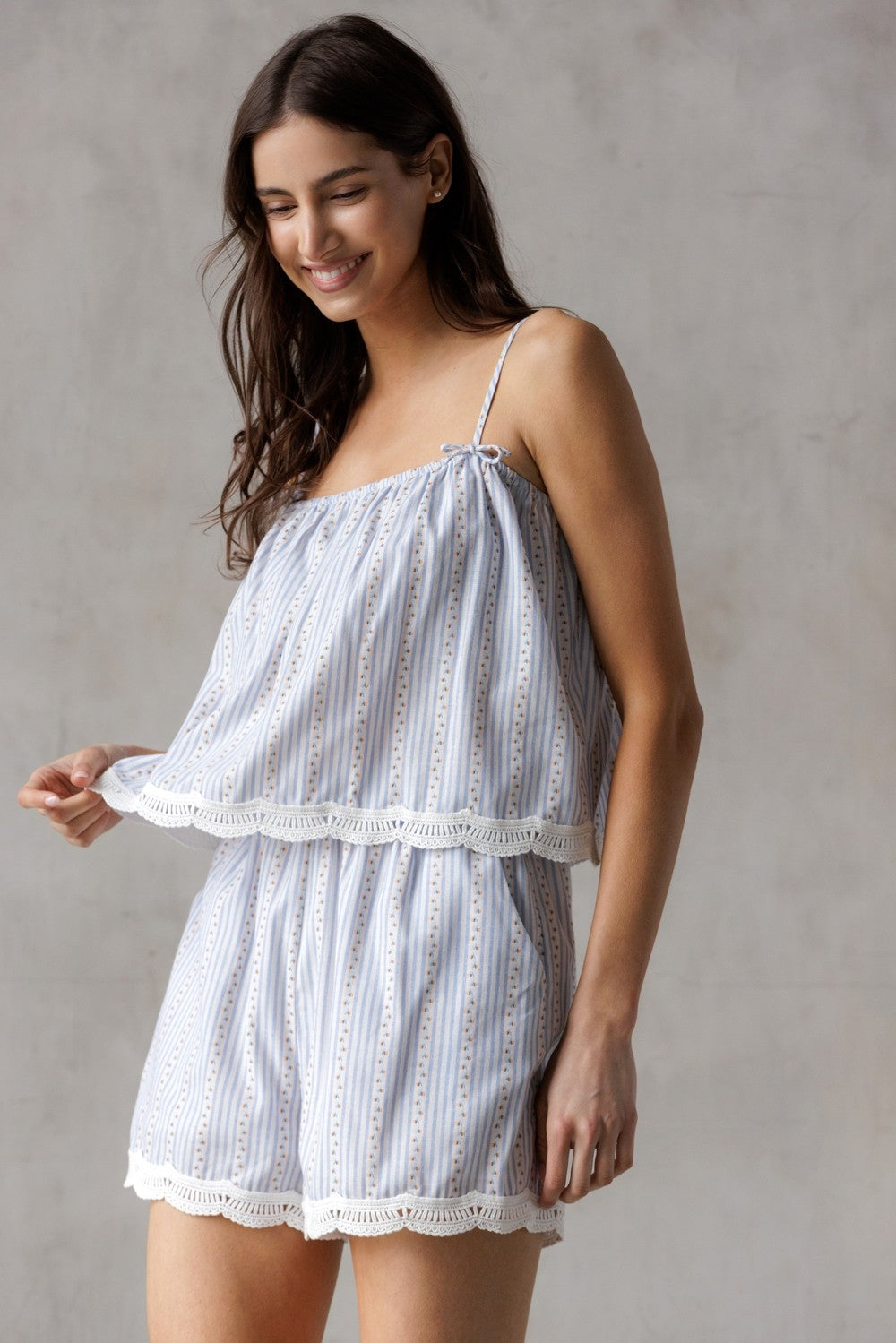  Sofia Floral Pinstripe Lace Hem Shorts, Blue/White/Orange