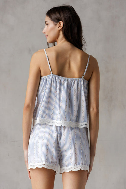  Sofia Floral Pinstripe Lace Hem Shorts, Blue/White/Orange