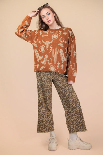  Halle Western Graphic Oversized Sweater, Camel