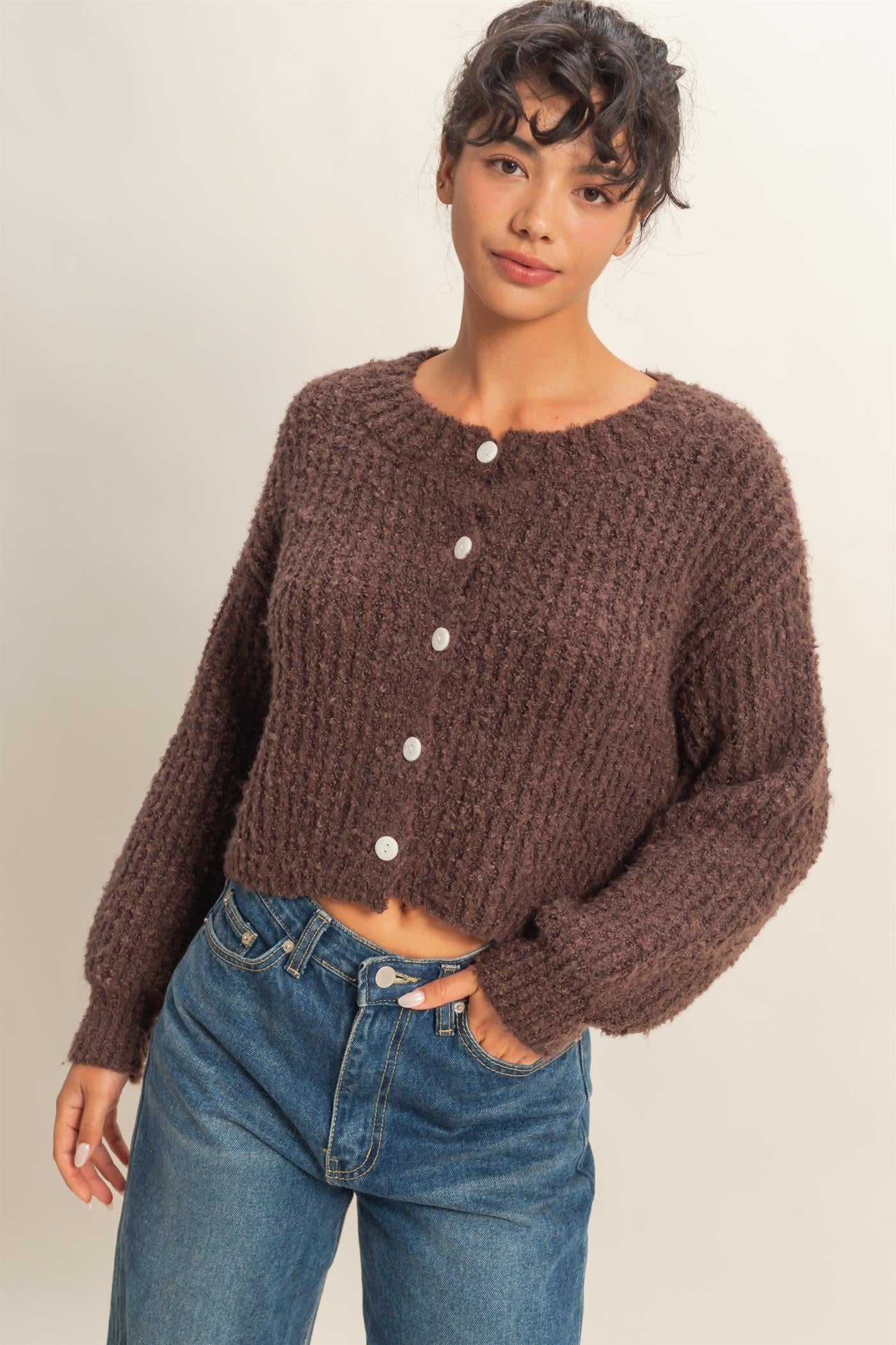  Emberly Fluffy Knit Cardigan, Chestnut