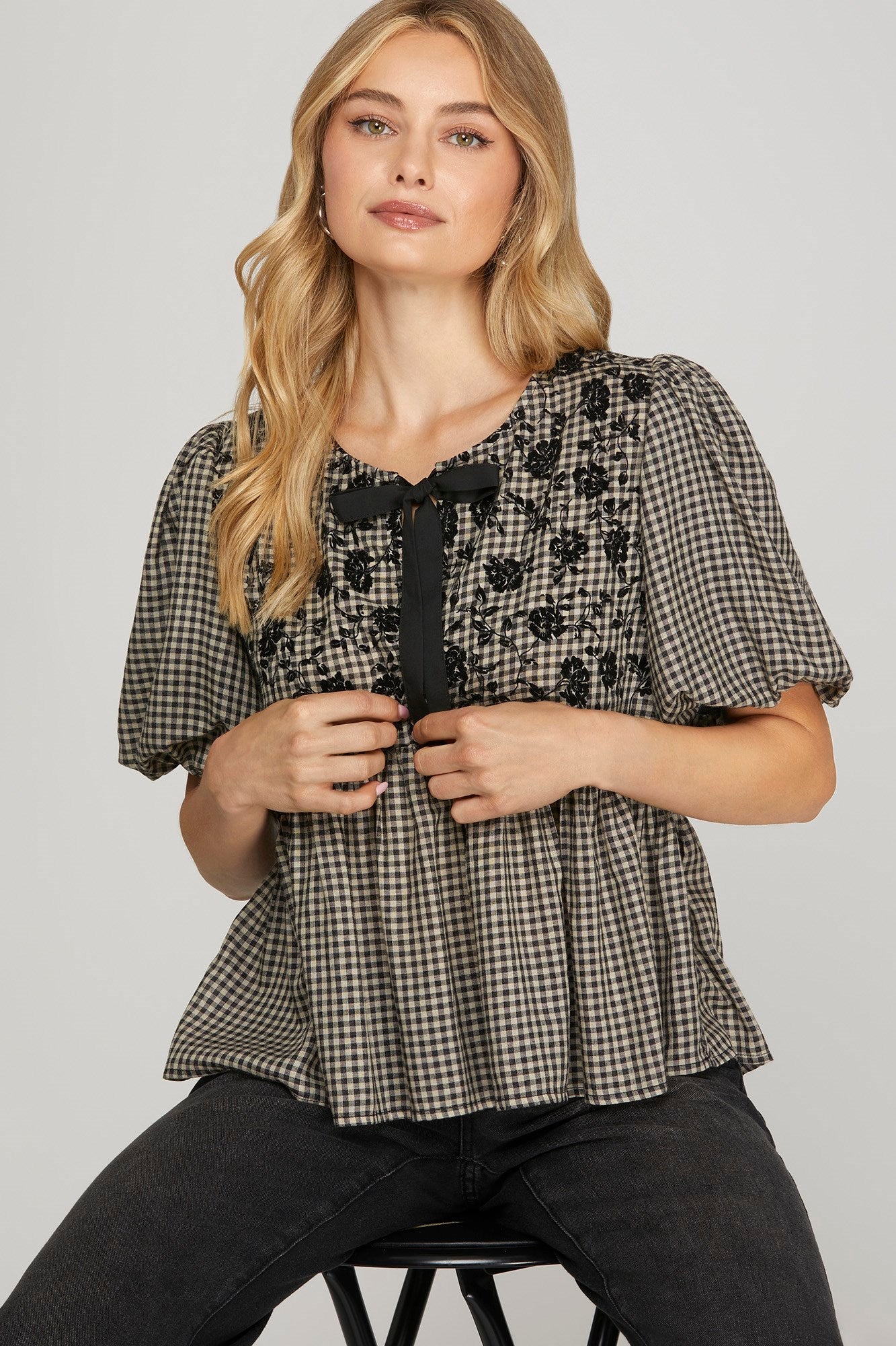  Riley Gingham Bow Tie Babydoll Top, Black