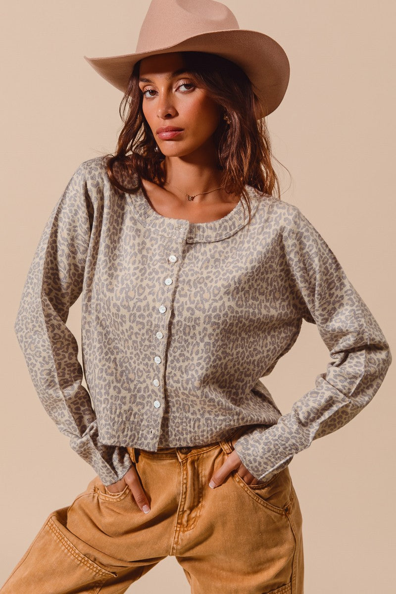  April Leopard Sweater Cardigan, Vintage Oatmeal