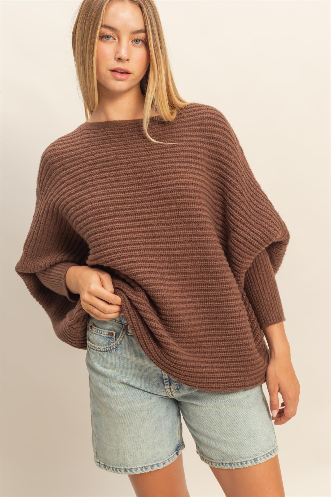  Lily Batwing Boat Neck Sweater, Brown
