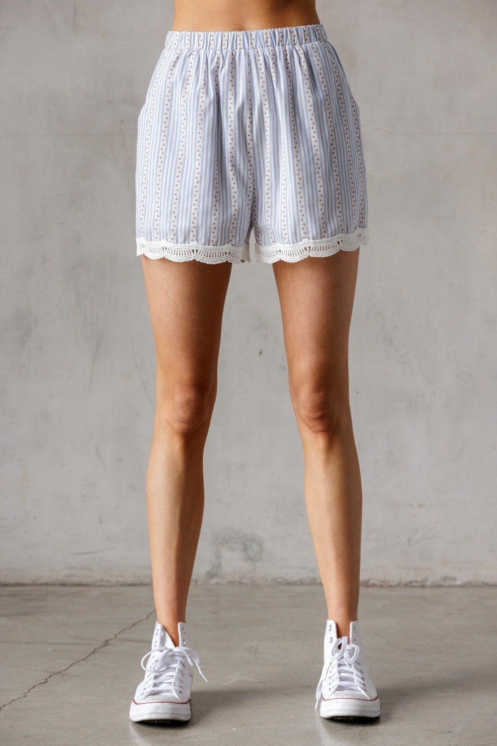  Sofia Floral Pinstripe Lace Hem Shorts, Blue/White/Orange