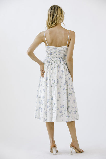  Miller Rose Print A-Line Dress, White/Blue Floral