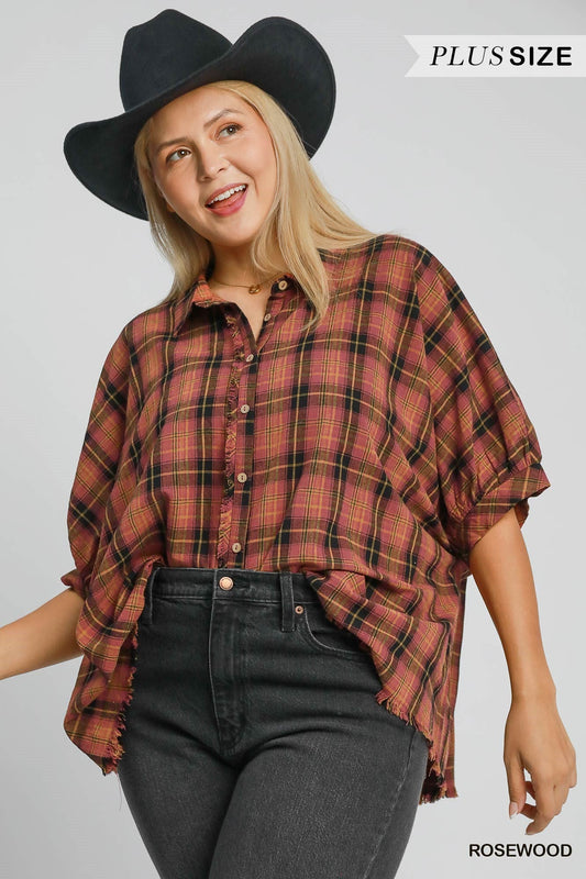  Kaia Button Down Plaid Top, Rosewood | Plus Size