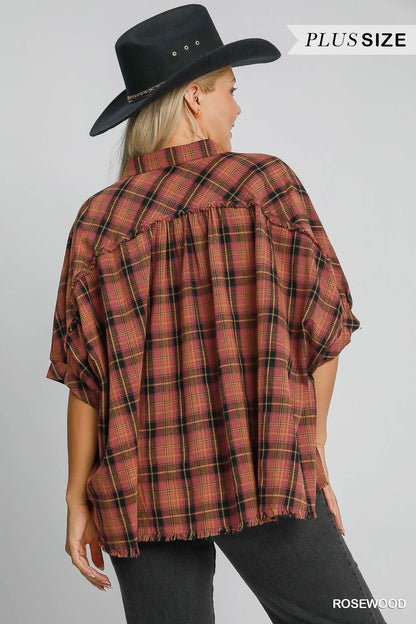  Kaia Button Down Plaid Top, Rosewood | Plus Size