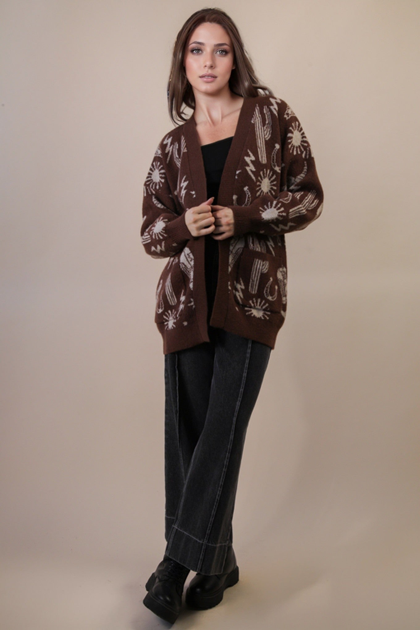  Alina Oversized Western Print Cardigan, Chocolate