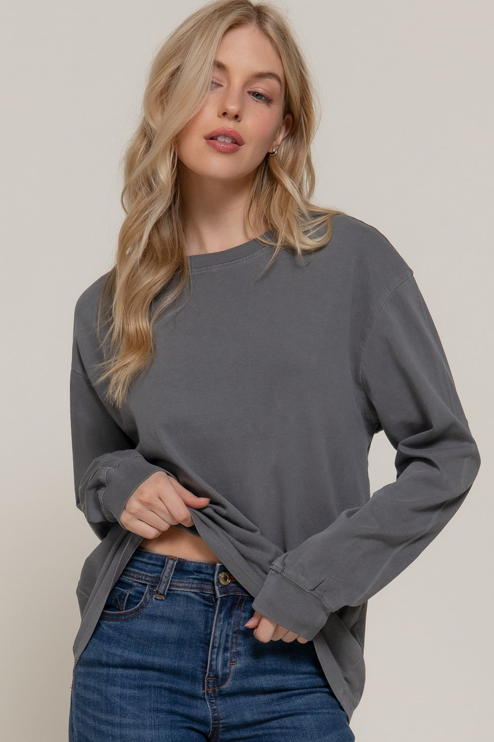  Raine Round Neck Garment Dye Tee, Grey