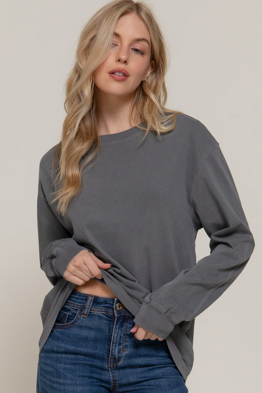  Raine Round Neck Garment Dye Tee, Grey