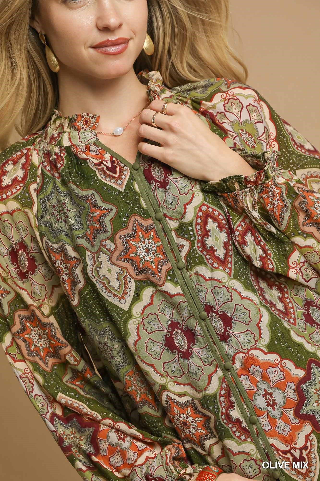  Jenna Button Down Blouse, Olive Mix