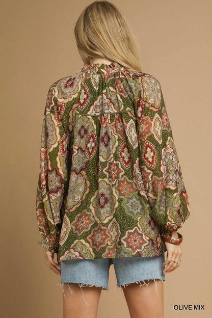  Jenna Button Down Blouse, Olive Mix