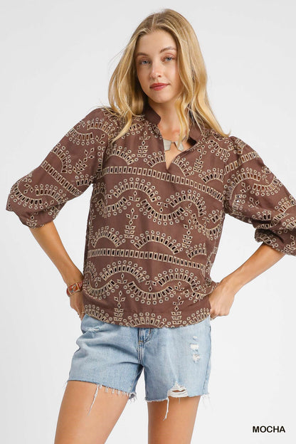  Daphne Eyelet Embroidered Blouse, Mocha