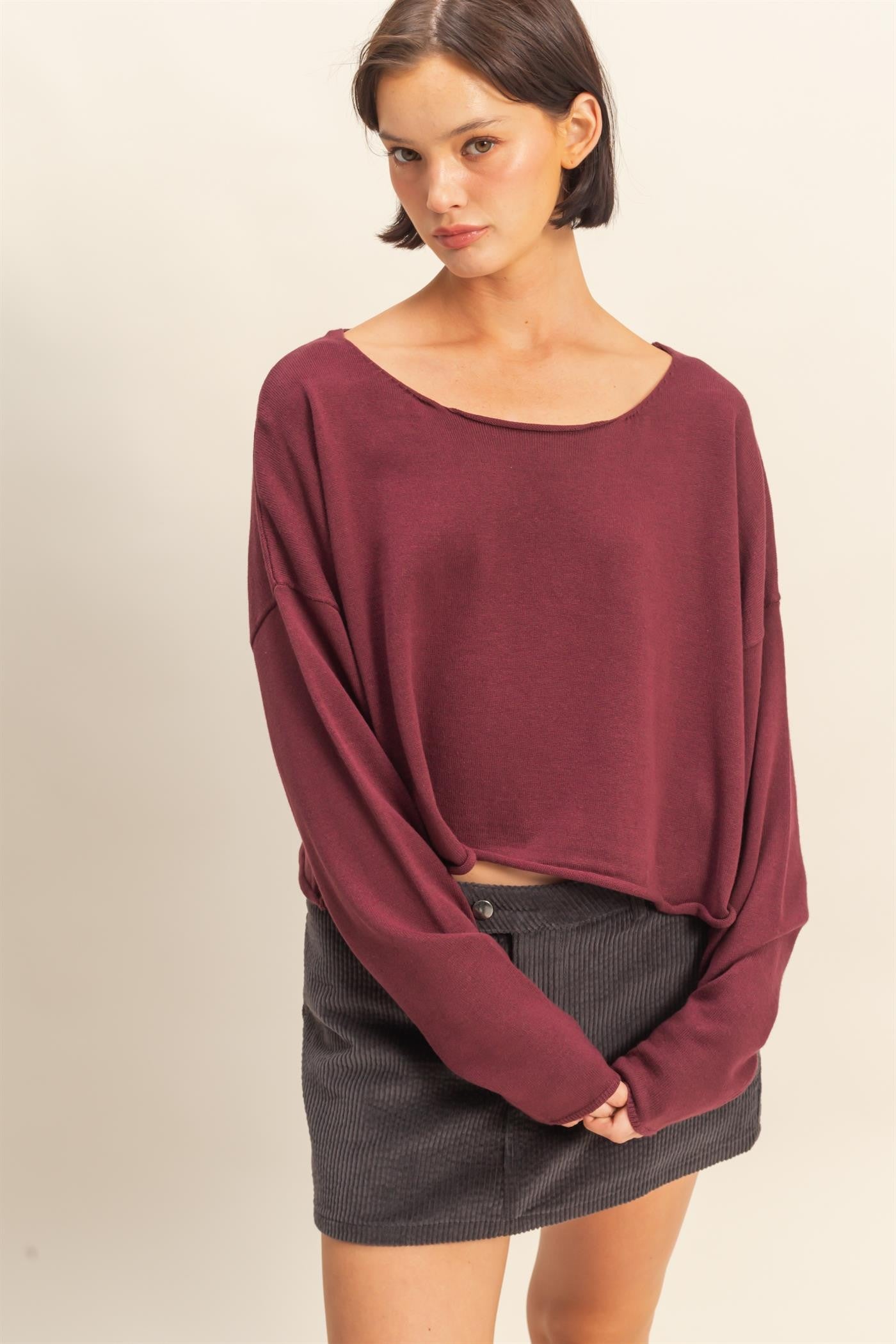  Aurora Boat Neck Pullover Sweater, Dark Cherry