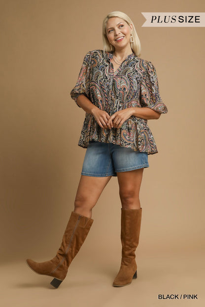  Bailey Printed Ruffle Hem Blouse, Black/Pink | Plus Size