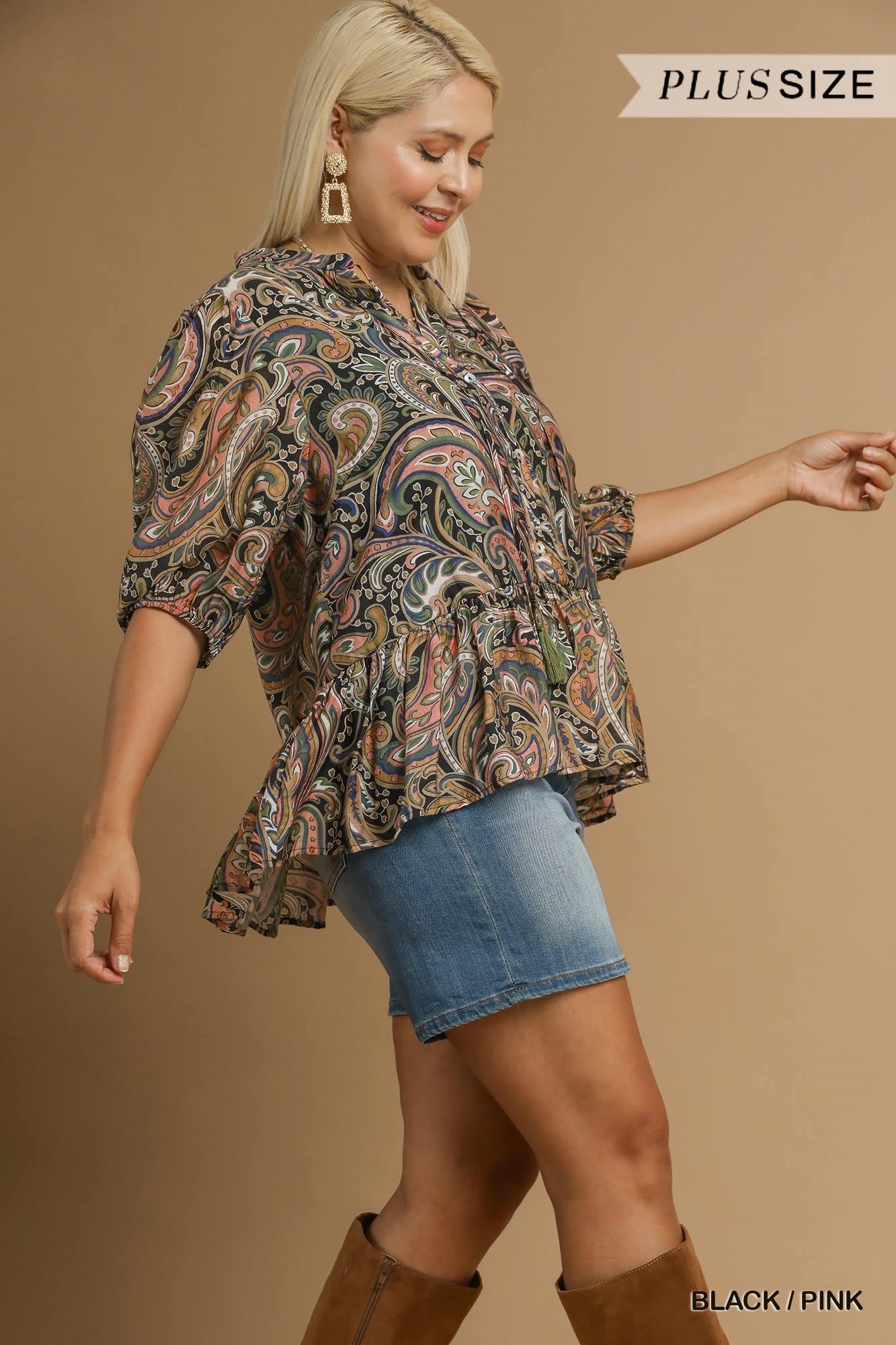  Bailey Printed Ruffle Hem Blouse, Black/Pink | Plus Size
